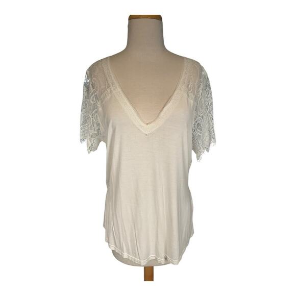 Boutique White V-Neck Lace Sleeve Size Large Over Sized Casual Top Night Out - Picture 5 of 9